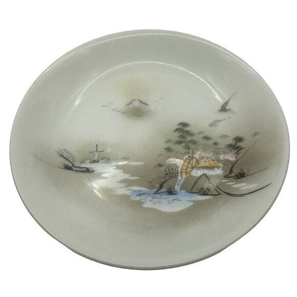 Vintage Kutani Japanese Porcelain Plate With Scenic Landscape & Water Wheel Desi - Picture 1 of 4